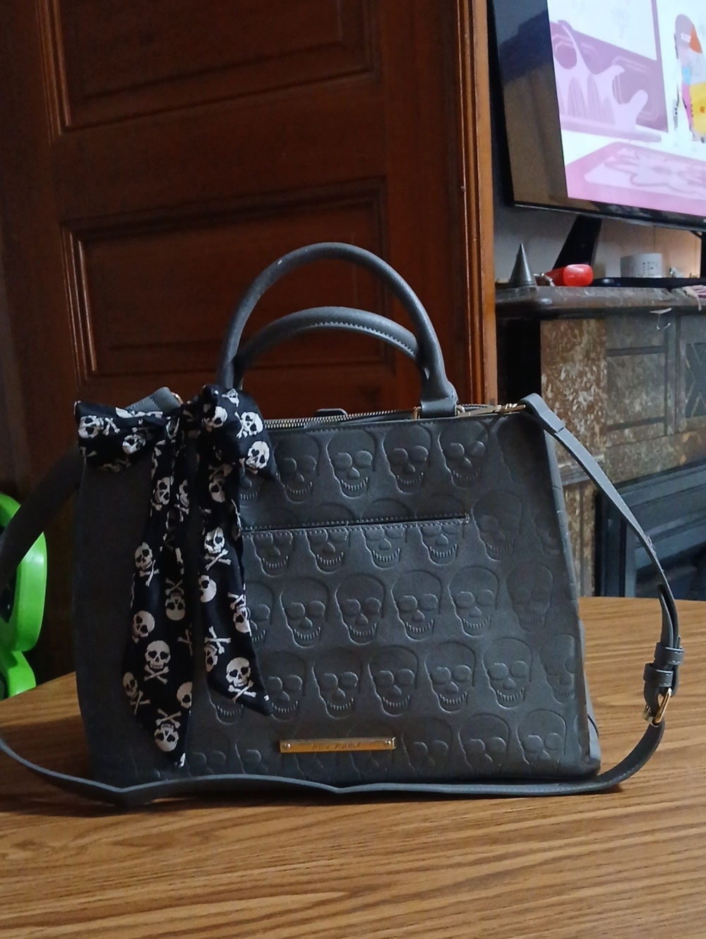 Gray Skull-Embossed Satchel with Skull Scarf